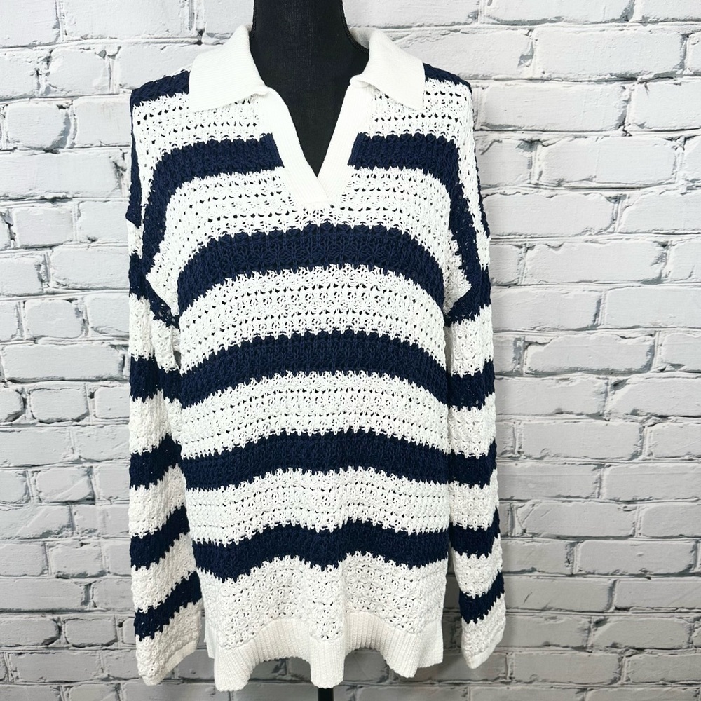 Talbots Open Knit Johnny Collar Pullover Striped Navy White XL Coastal Nautical - Picture 2 of 11